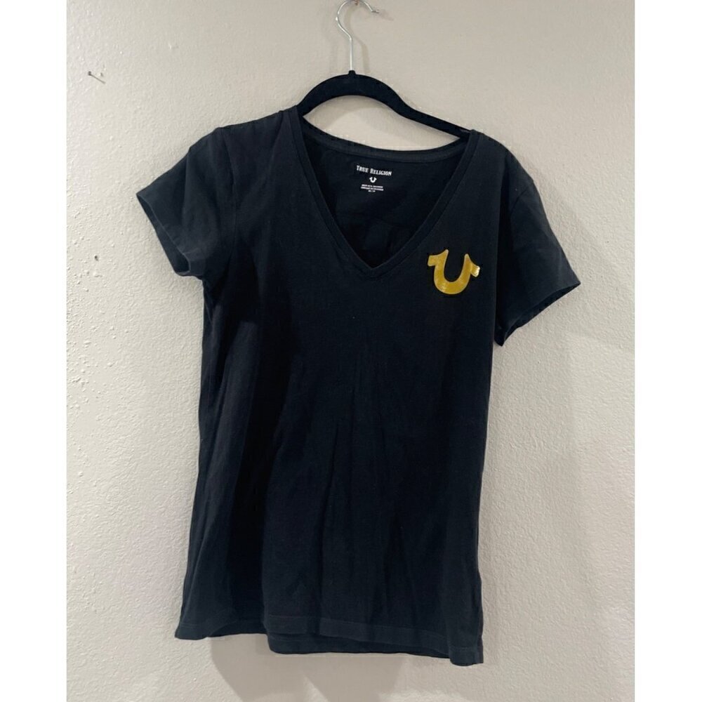 True Religion Women Black and gold cotton cup sleeve summer v neck shirt size XS